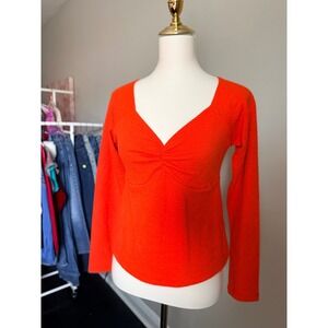 Maeve by Anthropologie Textured Ruched V Neck Long Sleeve Top Orange Medium